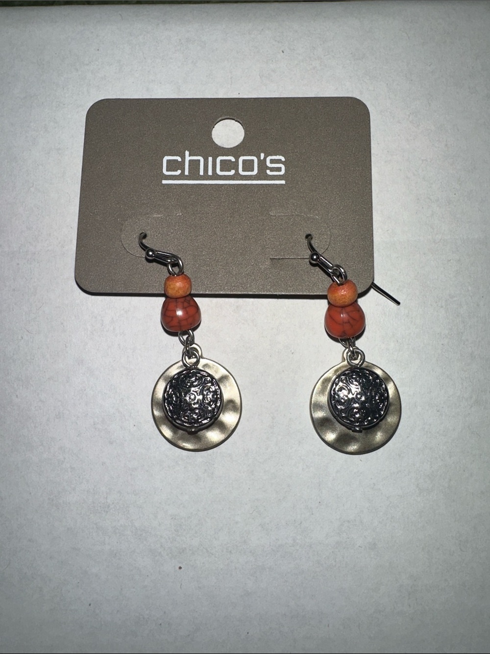 Chico's Silver-Tone Disc Earrings with Wooden and Orange Beads- NWT